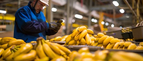 Abwaschbare Fototapete Kanarische Inseln Using his cell phone at a banana packing plant.