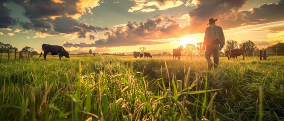 Farmers feeding cows on their fields at sunset
