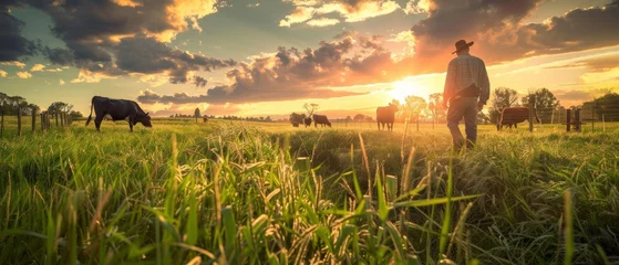 Foto op Aluminium Farmers feeding cows on their fields at sunset © Zaleman