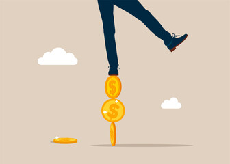 Investor falling from stack of unstable money coins. Financial instability. Modern vector illustration in flat style - obrazy, fototapety, plakaty
