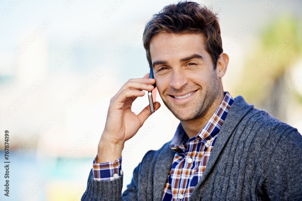 Poster man, phone call and outdoor for portrait with smile, listen and communication on mobile network. per