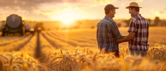 Tuinposter A handshake is exchanged between two farmers in a wheat field at sunset as they make an agreement. © Zaleman