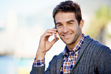 Man, phone call and outdoor for portrait with smile, listen and communication on mobile network....