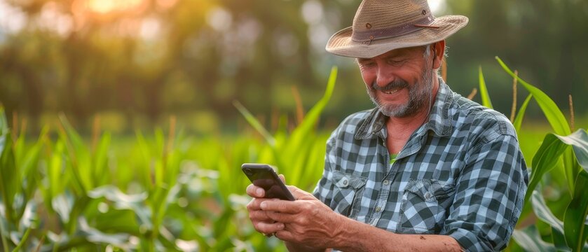 Mobile phone of a farmer in a green corn field growing.