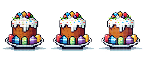 vector pixel icon with Easter cake on a large plate, around it are multi-colored colored eggs on a white background, Easter holiday