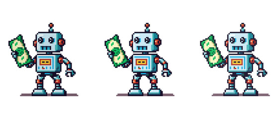 vector pixel icon with a robot holding dollar money in his hand on a white background