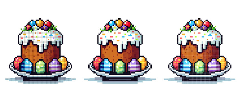 vector pixel icon with Easter cake on a large plate, around it are multi-colored colored eggs on a white background, Easter holiday
