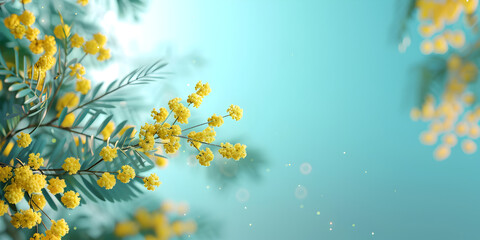 Fototapeta na wymiar Yellow flower branches on blue background,Cheerful Yellow Blossoms on Azure Background,Bright Floral Branches in Yellow on Blue Backdrop