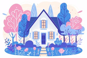 a house with trees and flowers