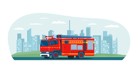 Fire truck against the backdrop of the city landscape. Vector flat style illustration.