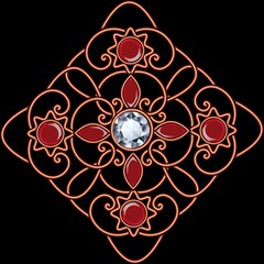 Vintage round pattern, jewelry with rubies and transparent gems on a black background, the shape of a mandala or snowflake. Beautiful jewelry, medallion, brooch, decoration.