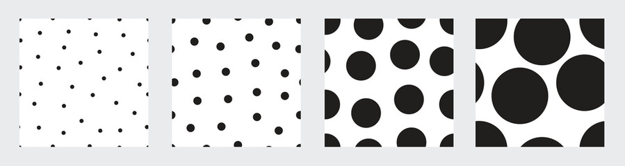 Black polka dot vector seamless pattern. Set. Can be used in textile industry, paper, background, scrapbooking.