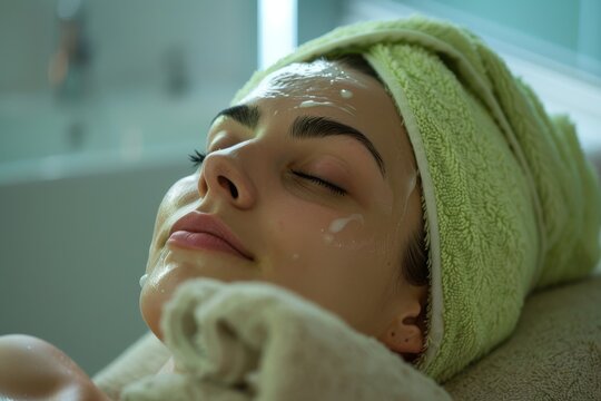 Close-up of a woman's face with a facial skin care gel mask during a spa treatment in a modern clinic. Happy female patient lying and relaxing with her eyes closed.