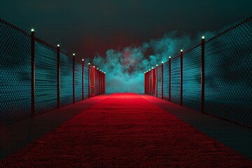 a red carpet on a walkway with lights and a foggy sky