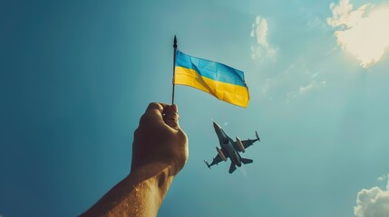 Human's raised hand with blue and yellow flag in front of with military jet flies in sky background - obrazy, fototapety, plakaty