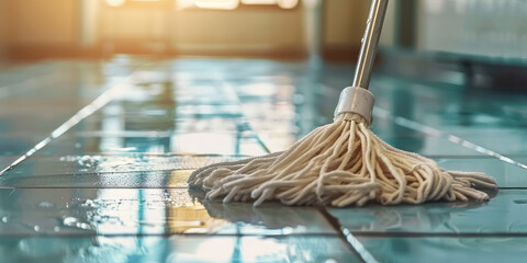 Close-up of Mop Cleaning Tiled Floor. A mop head soaking wet, cleaning a reflective tile floor, copy space.