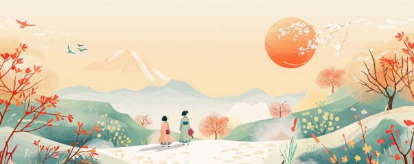 Translation: Vernal Equinox Day. Happy Vernal Equinox Day (Shunbun no Hi) vector illustration - obrazy, fototapety, plakaty
