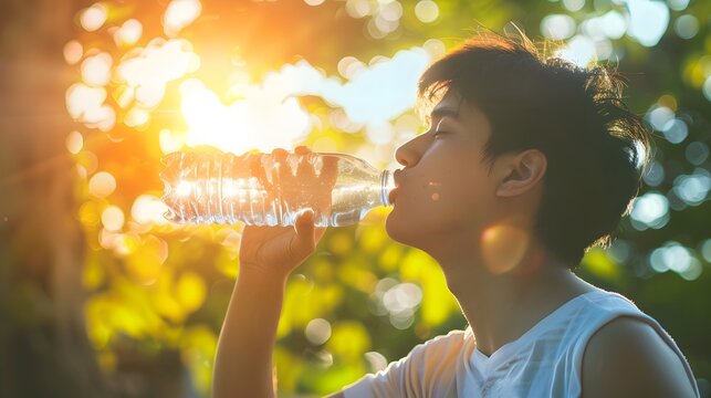 Man drinking water, hydrating on a very hot day. bottle of crystal clear water.