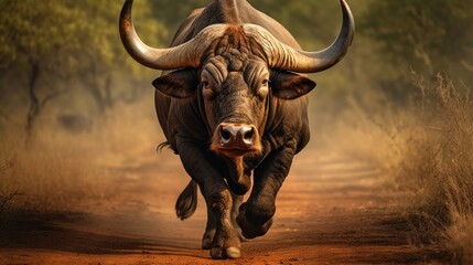 A large bull is running through a dirt road - Powered by Adobe