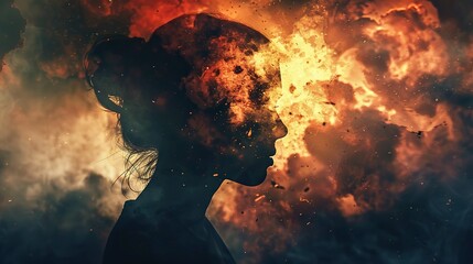 Double exposure of woman's silhouette against ruined city in fire, because of war - obrazy, fototapety, plakaty