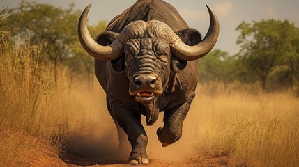 A large bull is running through a field