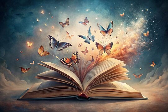 Illustration of butterflies coming out of an open book, ideal for fantasy and literature