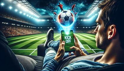 Man Enjoys Football on Phone in Soccer Field - obrazy, fototapety, plakaty