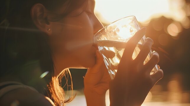 woman drinking water, hydrating on a very hot day. glass of crystal clear water.