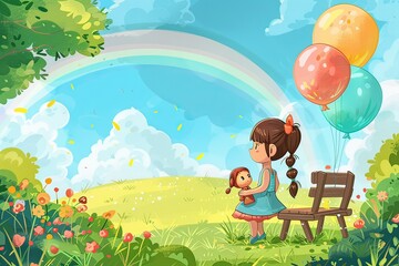 Naklejka premium Happy Children's Day greeting card. Cartoon little girl sitting in the park looking at the rainbow background. Generative AI