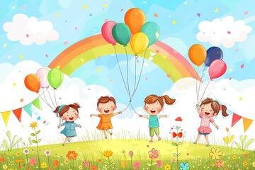 Obraz na płótnie Canvas Happy Children's Day greeting card. Cartoon little kids in the park with balloons and a rainbow in the background. Generative AI.