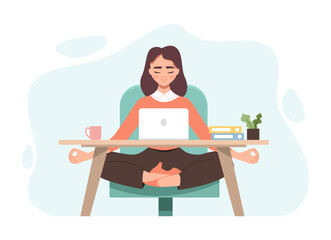 Business Woman Meditating. Employee Meditating and Relaxing in Office in Yoga Pose. Cartoon Flat Vector Illustration.