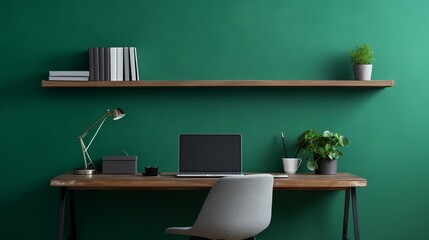 Home office. Stylish modern minimalistic home work desk with laptop and lamp, chair and plants. Big empty emerald green wall for copy space.