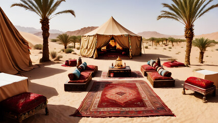 An enchanting scene of a desert oasis, with palm trees swaying gently in the breeze and a traditional Bedouin tent adorned with intricate rugs and cushions, where guests gather to share stories - obrazy, fototapety, plakaty