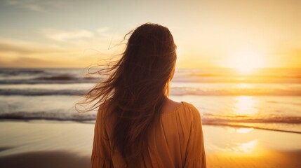 Fototapeta premium Silhouette of a woman gazing at the sunset over the ocean, evoking reflection and serenity.