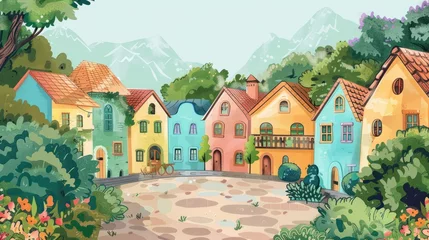 Foto op Plexiglas Hand drawn country village cartoon on pastel color background. AI generated © saifur