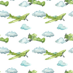 Watercolor seamless pattern with military aircraft, air transport for children's prints on a white background