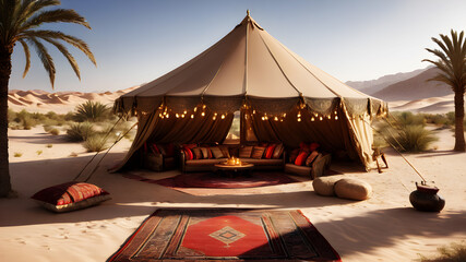 An enchanting scene of a desert oasis, with palm trees swaying gently in the breeze and a traditional Bedouin tent adorned with intricate rugs and cushions, where guests gather to share stories - obrazy, fototapety, plakaty