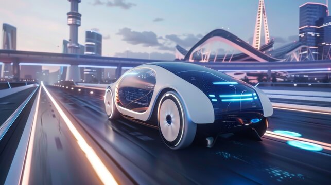 A concept image of a futuristic autonomous car driving at high speed on a highway in an urban cityscape during twilight.