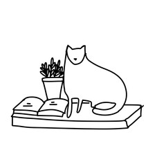 cat and books line illustration for your design