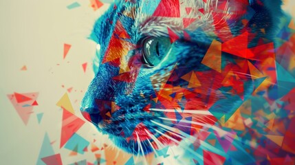 Fototapeta premium A vibrant abstract artwork blending a cat's image with colorful geometric shapes, embodying creativity and modern design.
