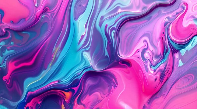 Abstract background with fluid and dynamic shapes blending into each other, reminiscent of liquid motion. Neon pink and electric blue colors.