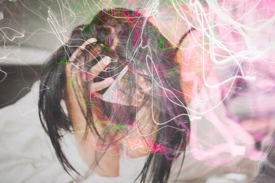 Tangled hair, abstract lines collag, woman on bed