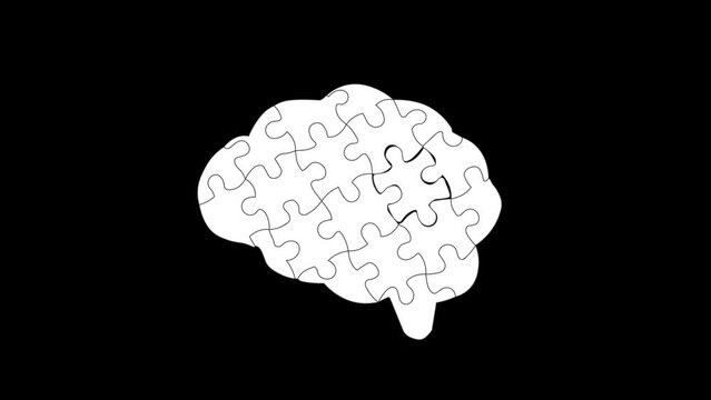 Mind Power and brain Intelligence made of jigsaw puzzle pieces, The last piece made the brain shine and Glow of Energy. Conceptual animation in black background 