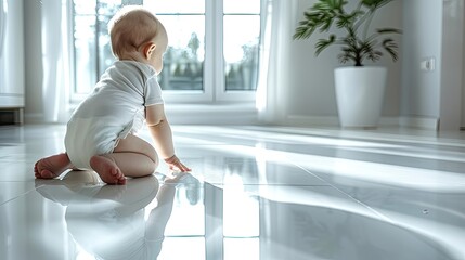 Baby sitting on a shiny floor, looking away.