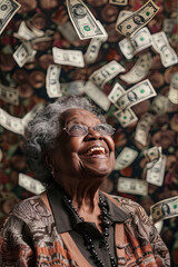 An elderly woman smiling looking at the money falling from above