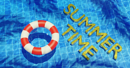 Summer Sale sign at the bottom of the outdoor pool with highlights on the bottom and a lifebuoy, summer discount concept, 3d rendering