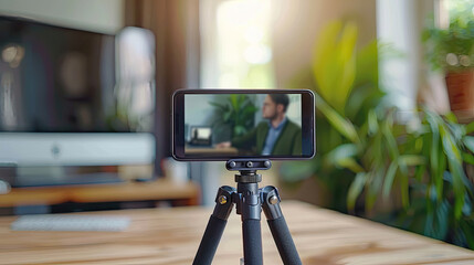 Smartphone on tripod recording a man working at a desk.
