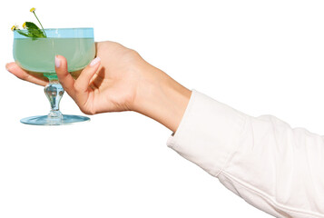 Woman's hand holding glass with gin tonic cocktail against transparent background. Copy space for ad. Concept of party, relax, alcohol, holidays, celebrations, Friday mood.