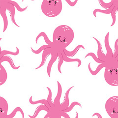 Vector seamless pattern with a cute smiling pink octopus hand-drawn