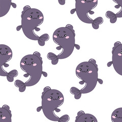 Vector seamless pattern with a cute big river fish hand-drawn on a white background